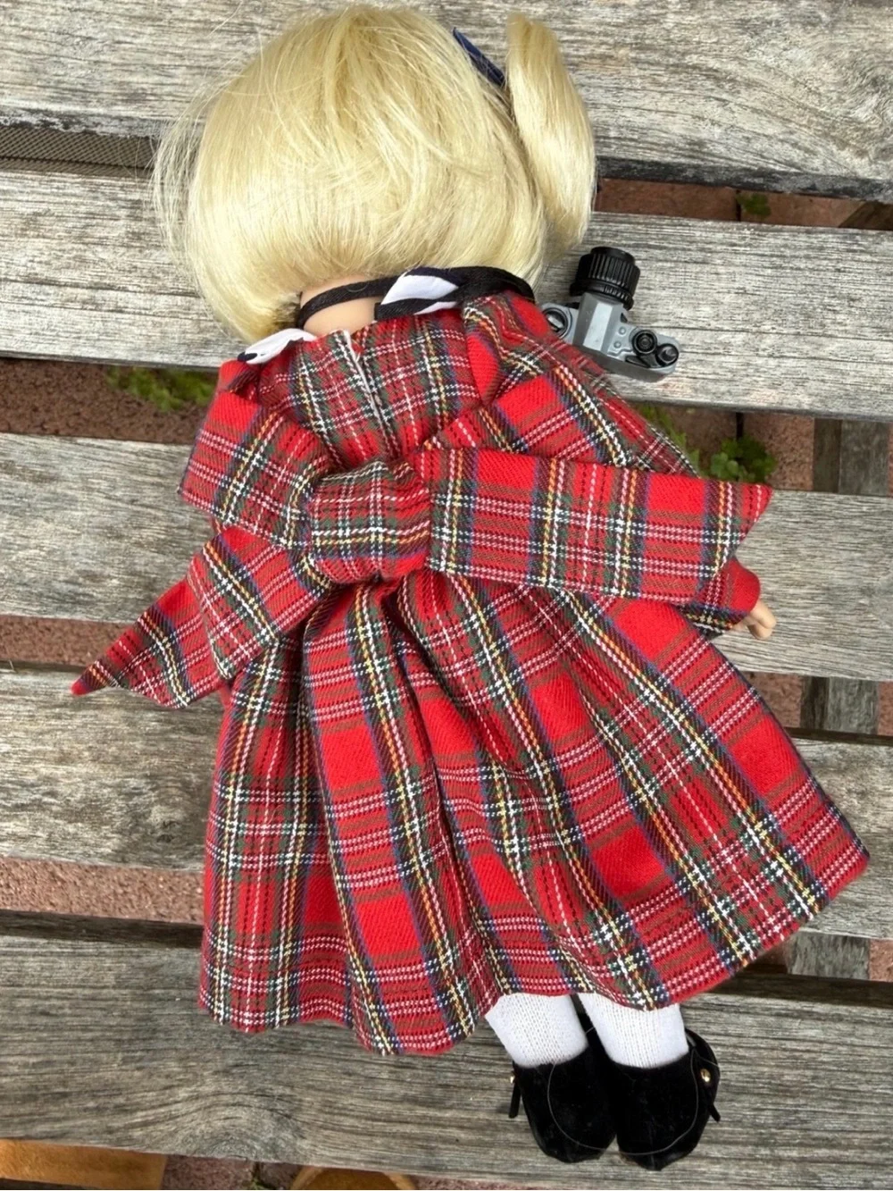 Blonde Blue-Eyed Doll in Red Plaid Dress